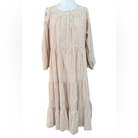 THE GREAT. Patio Tiered Swingy Blouson Maxi Dress in Cream Malt Stripe 1 Small - Picture 5 of 15